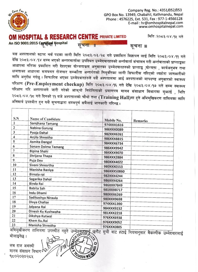 Staff Nurse Interview Result Public (Name of Alternative Candidates)